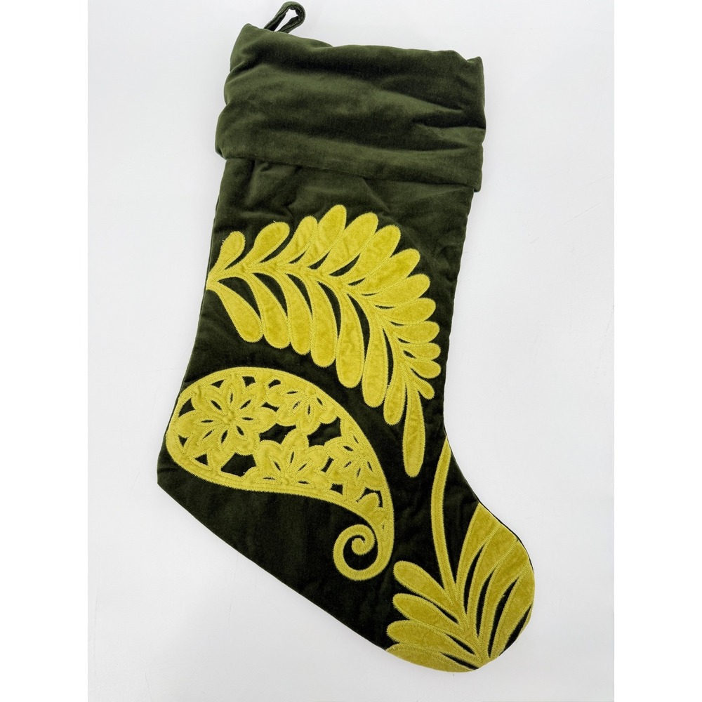 Pottery Barn Green Velvet Paisley Applique Embroidered Christmas Stocking 2008